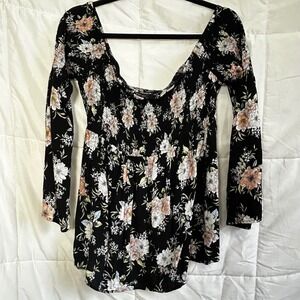 Torrid Black Floral Smocked Off Shoulder Long Sleeve Peplum Top Plus Size 0